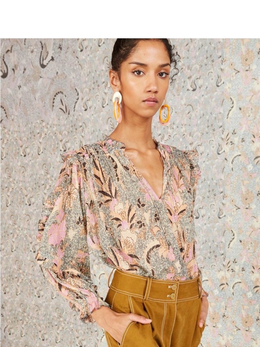 Ulla Johnson Floral V-Neck Puff Sleeve Blouse in Pink and Tan